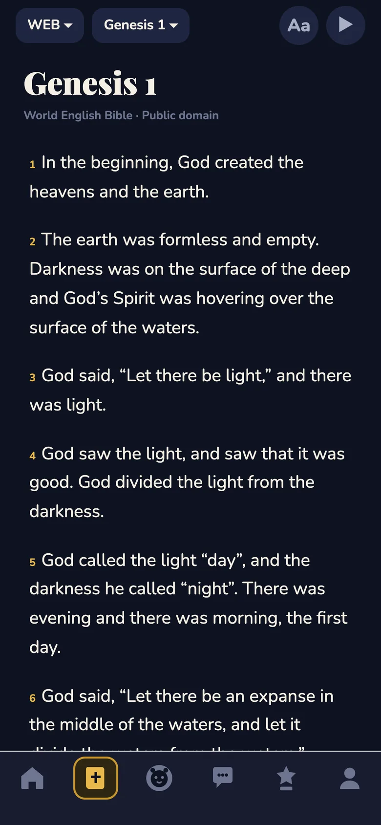The Bible reader showing Genesis 1