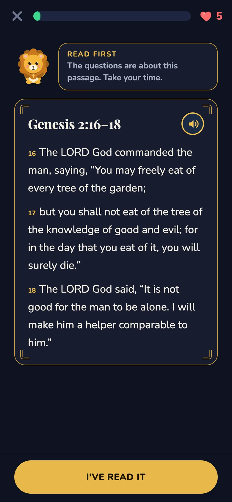A lesson opens with Genesis 2:16–18 to read first